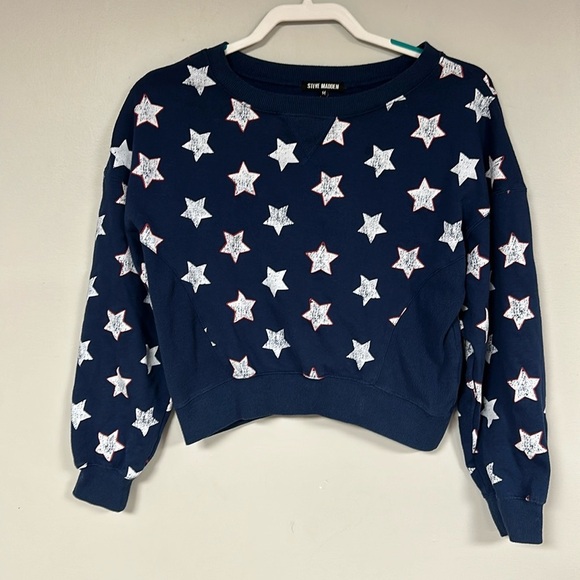 Steve Madden Women's Navy Blue Stars Cotton Sweatshirt Crop Graphic Size M - Picture 1 of 7